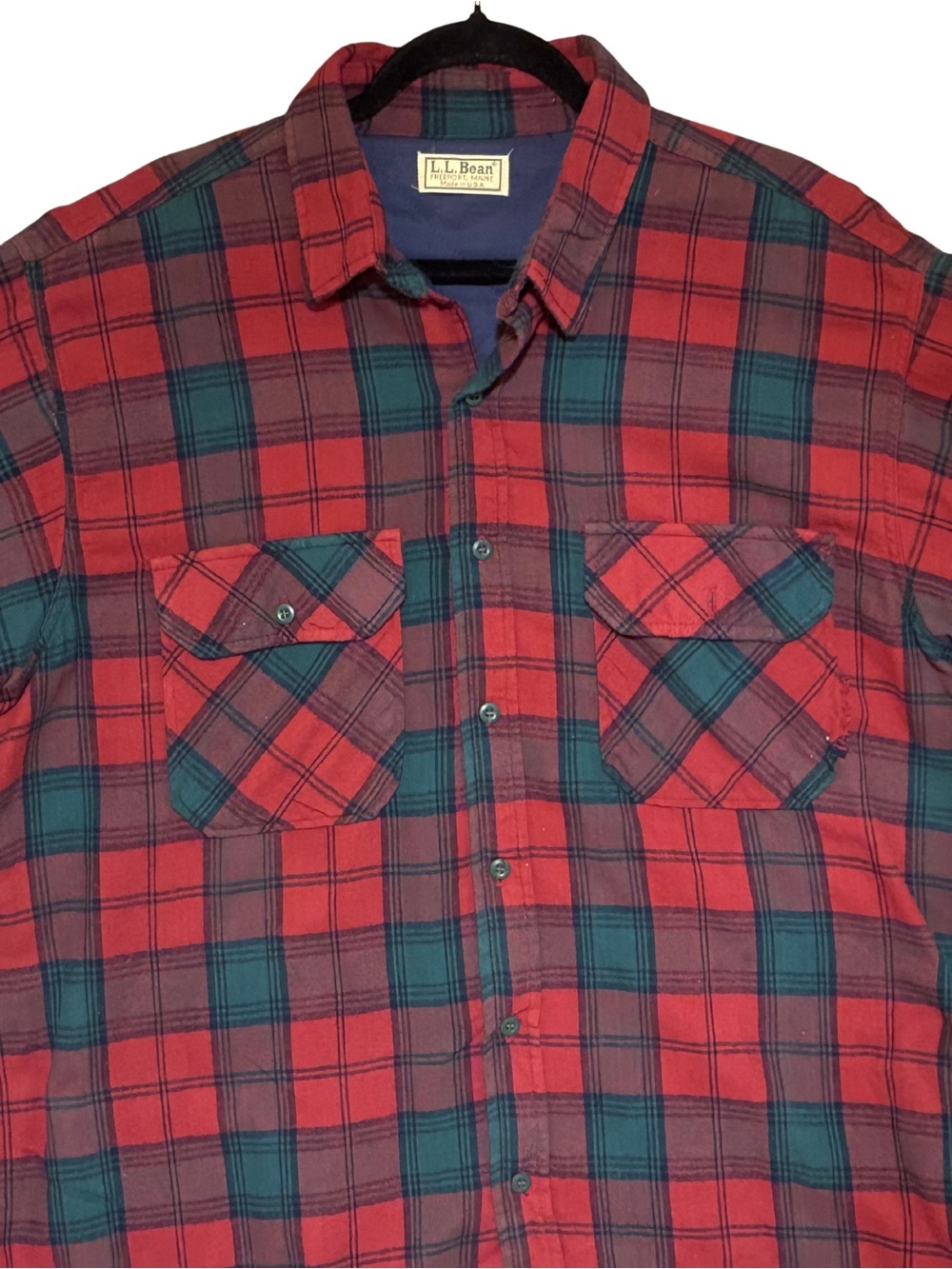 Vtg L.L. Bean Red and Green Plaid Button-Down Flannel Shirt